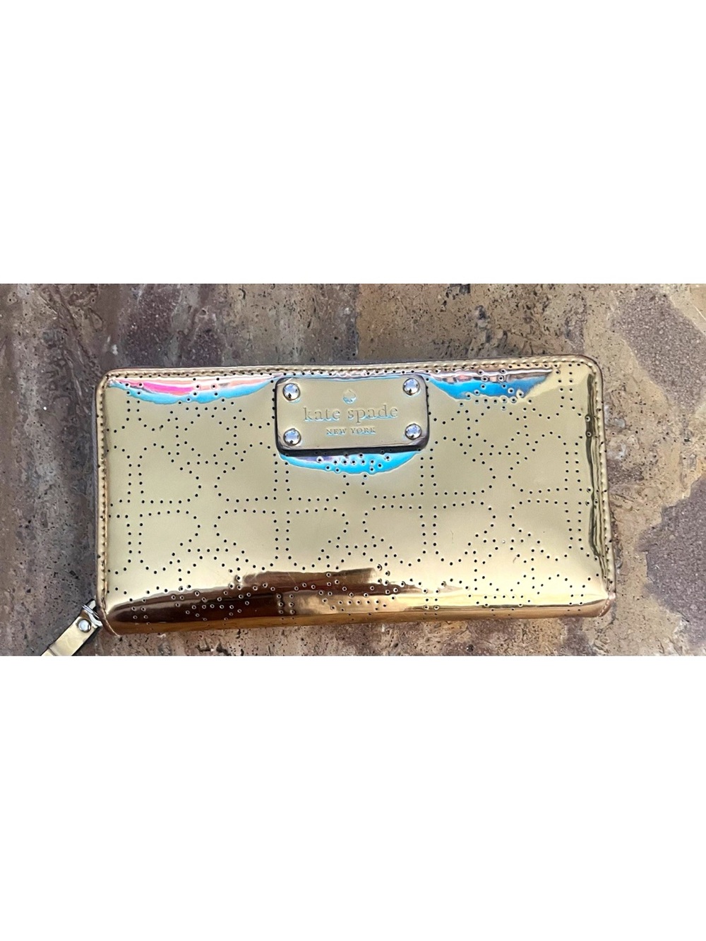 kate spade metallic gold zip-around perforated wallet